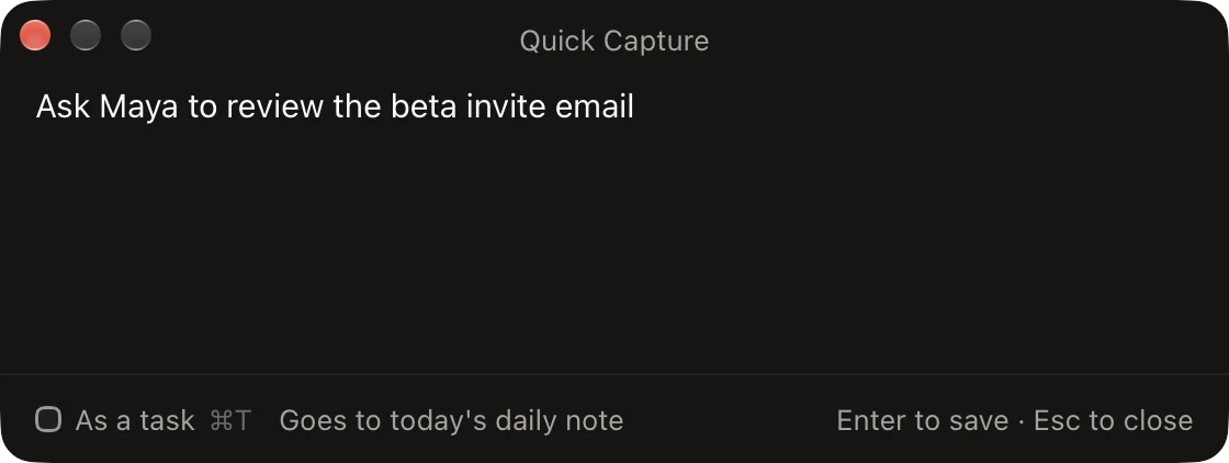 The small Quick Capture window with a line of text