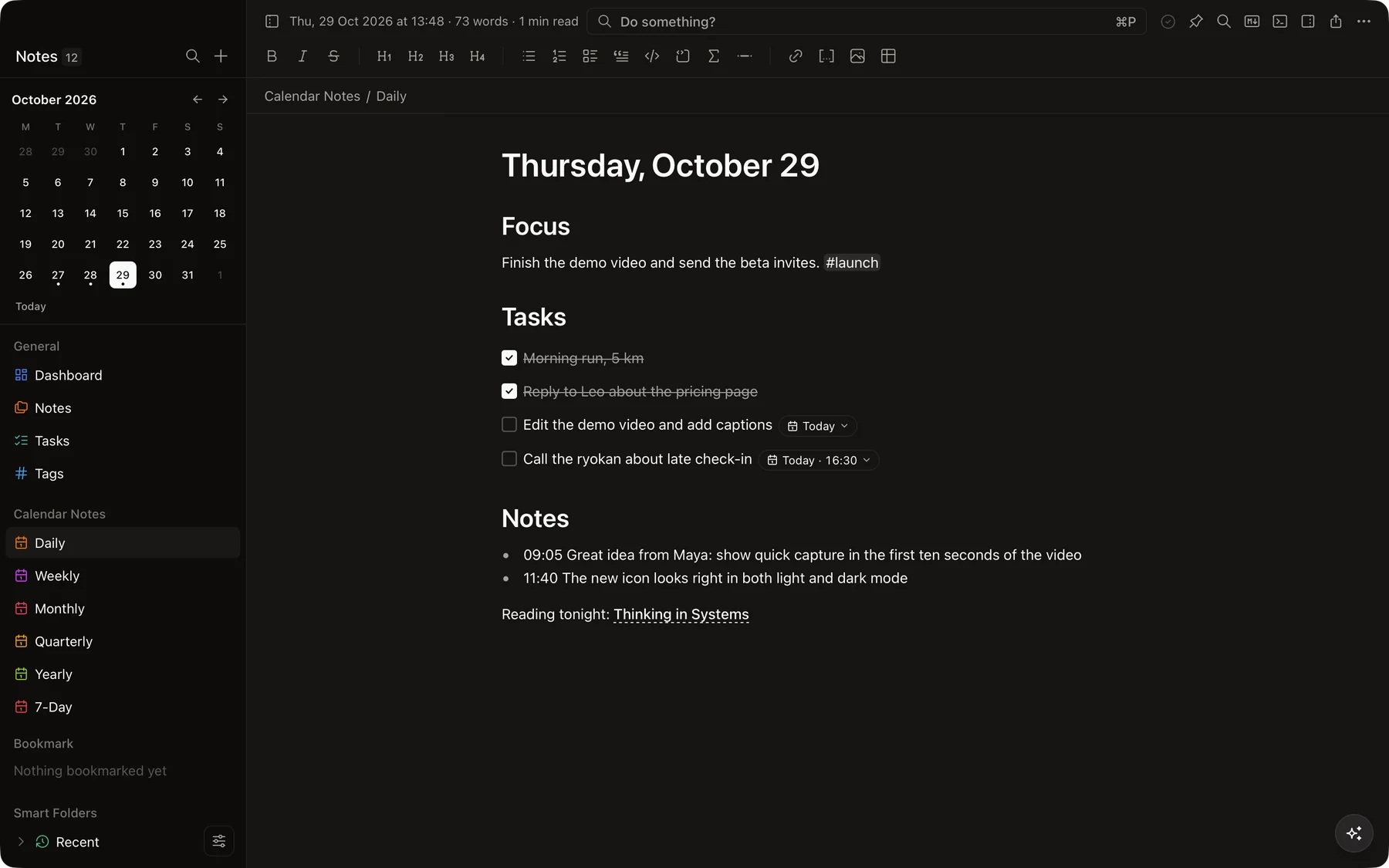 Today's daily note with a focus, tasks and timestamped notes