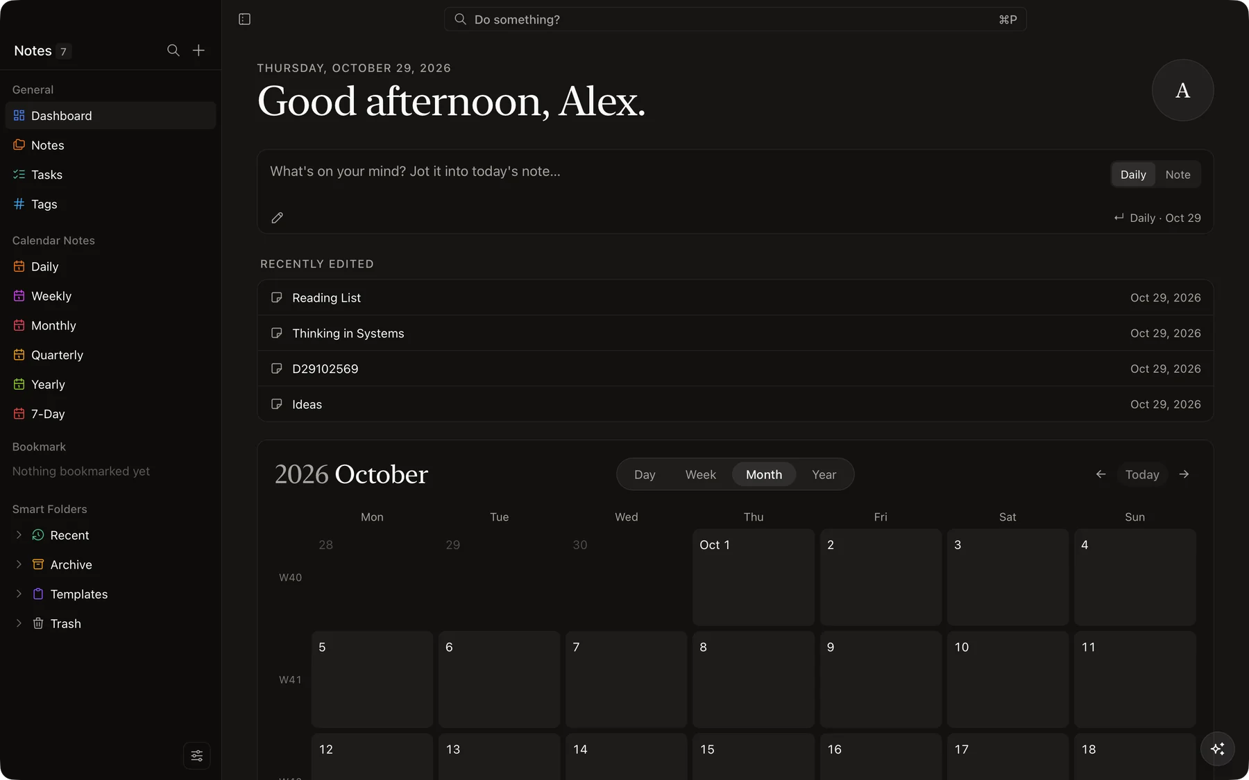 Morrow dashboard with a greeting, a quick note box, recently edited notes and a month calendar