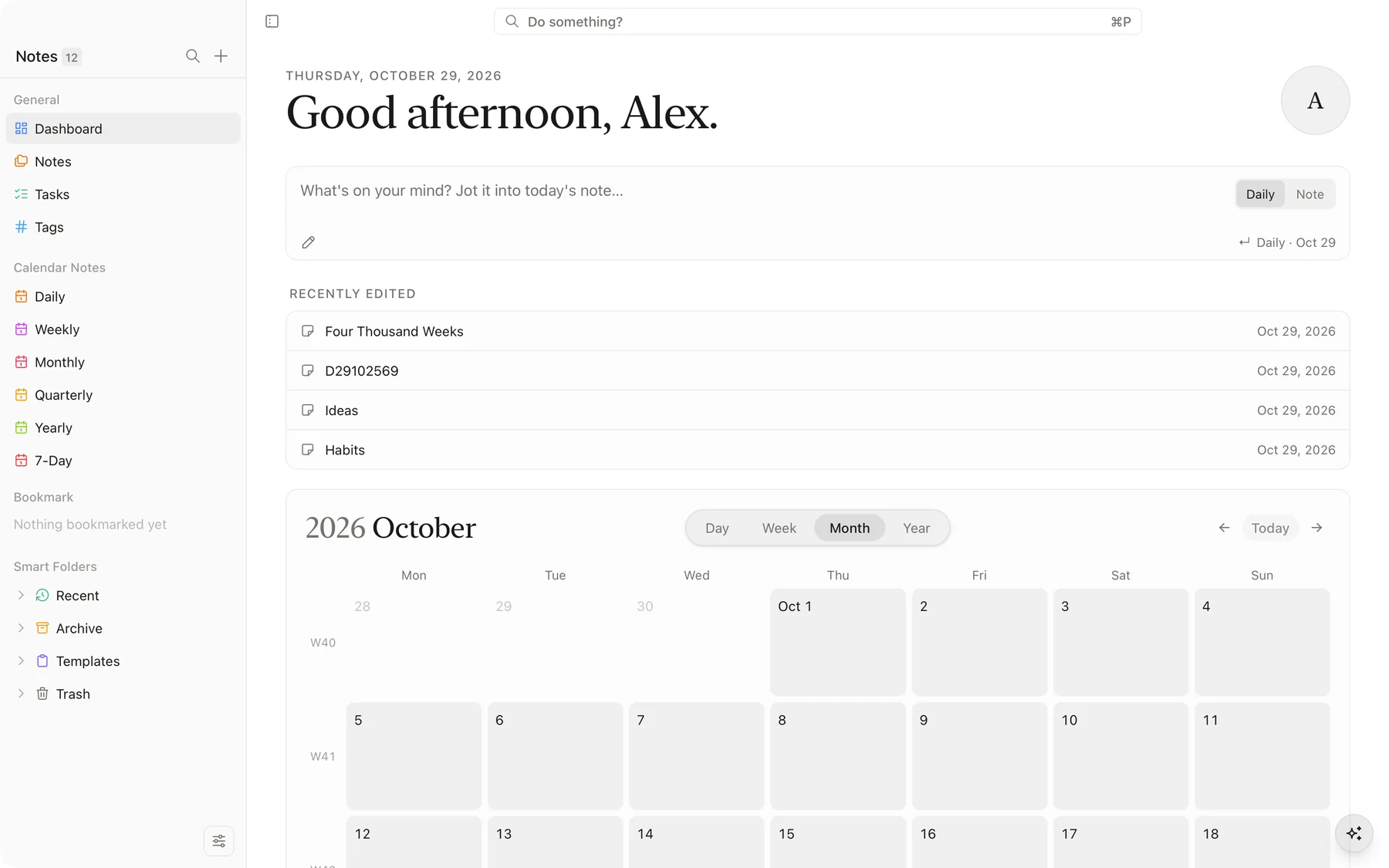 Morrow dashboard with a greeting, a quick note box, recently edited notes and a month calendar