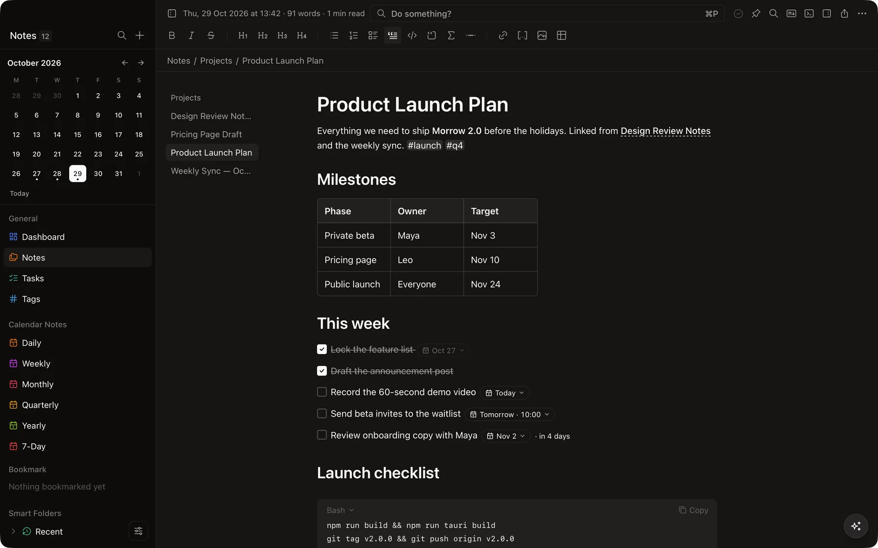 A note open in the Morrow editor with a table, tasks with date chips and a code block
