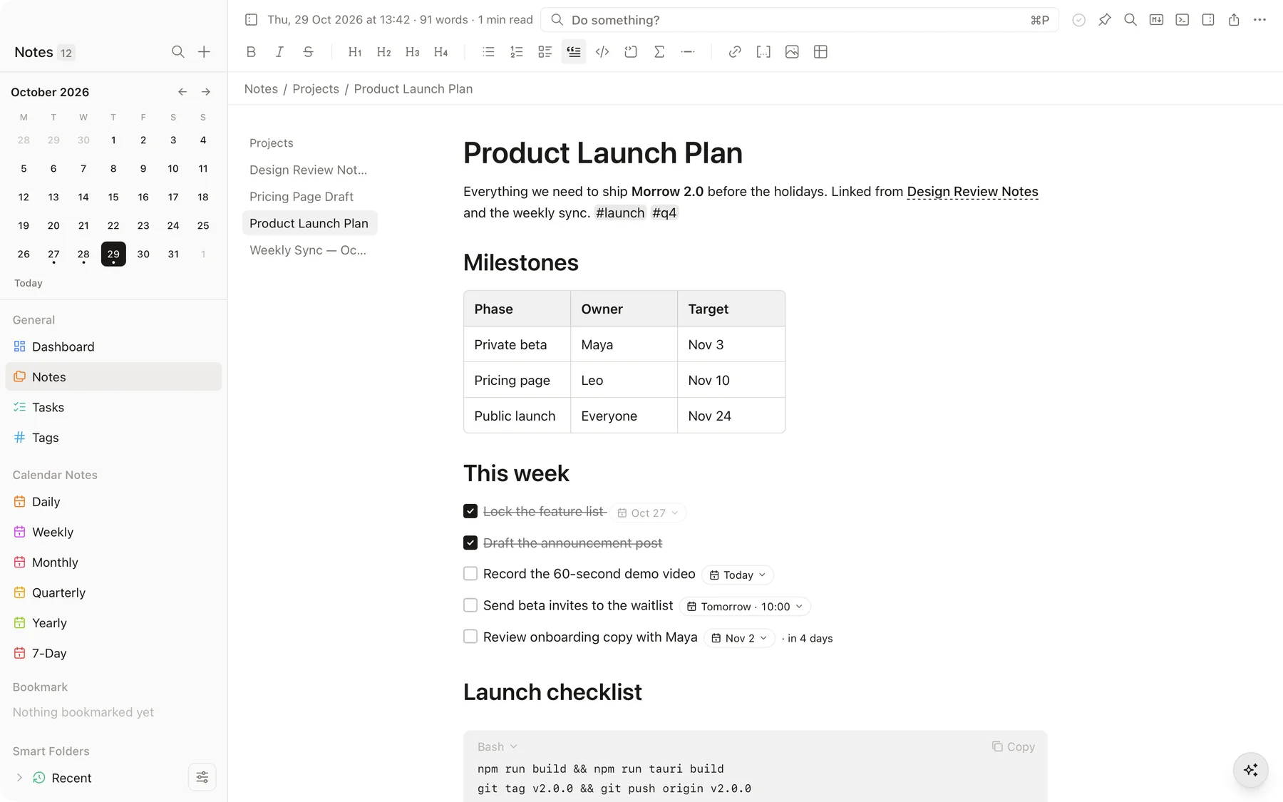 A note open in the Morrow editor with a table, tasks with date chips and a code block