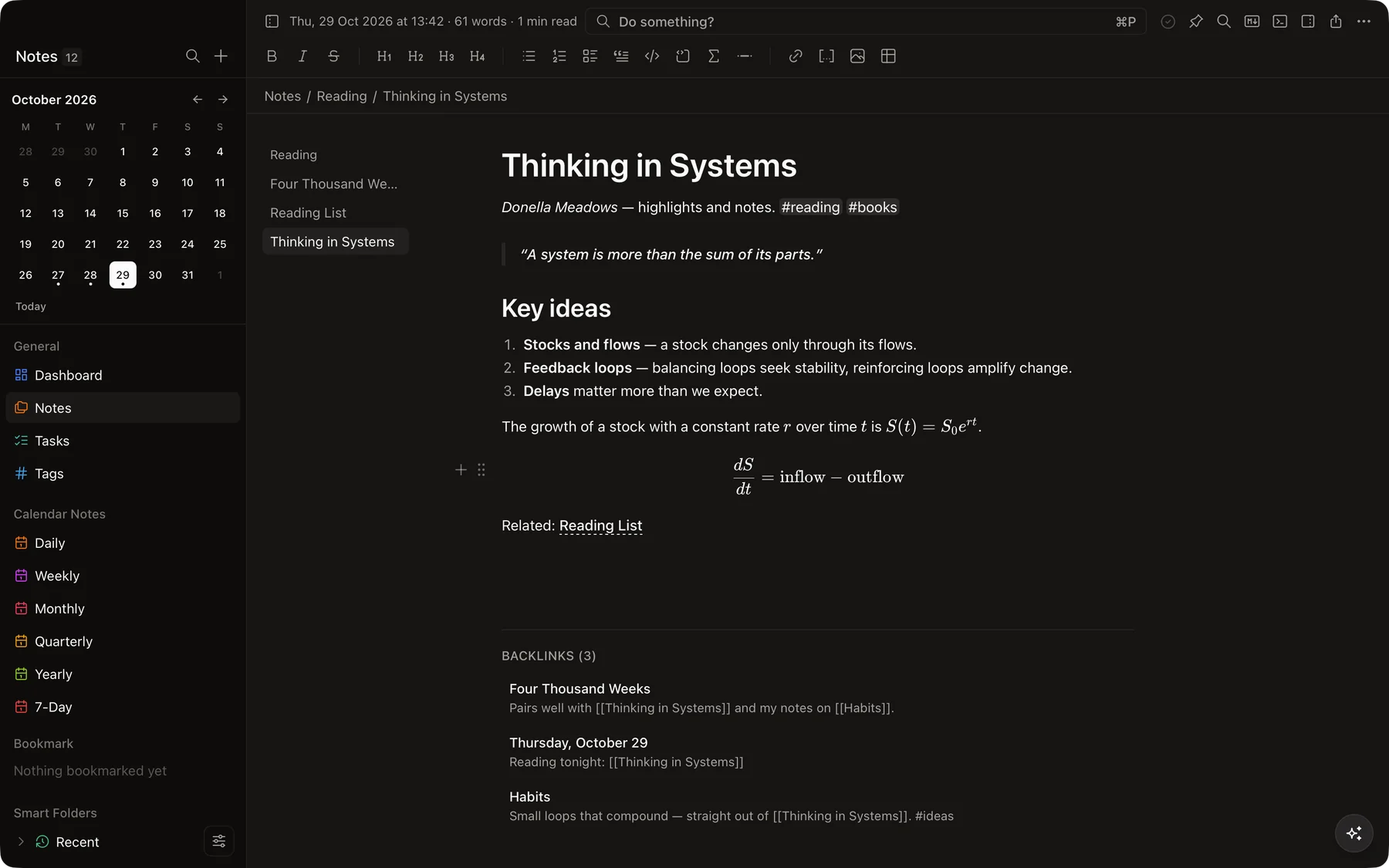 A reading note with inline and block math formulas and backlinks
