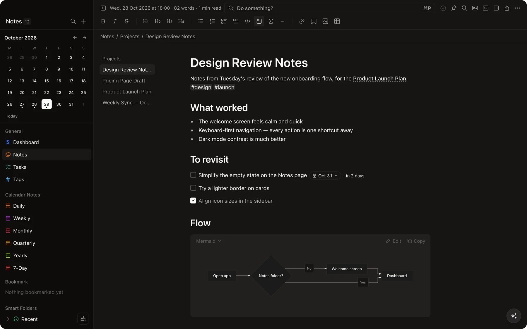 A note with a Mermaid flowchart rendered inline