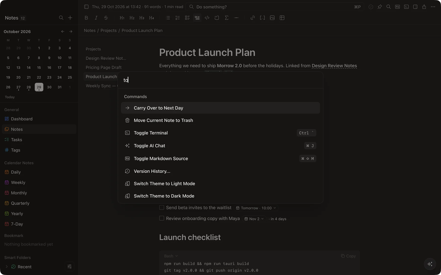 The command palette listing commands