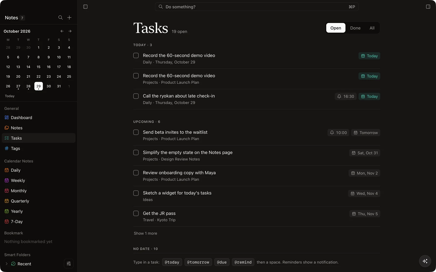 The Tasks page listing today's and upcoming tasks from across all notes