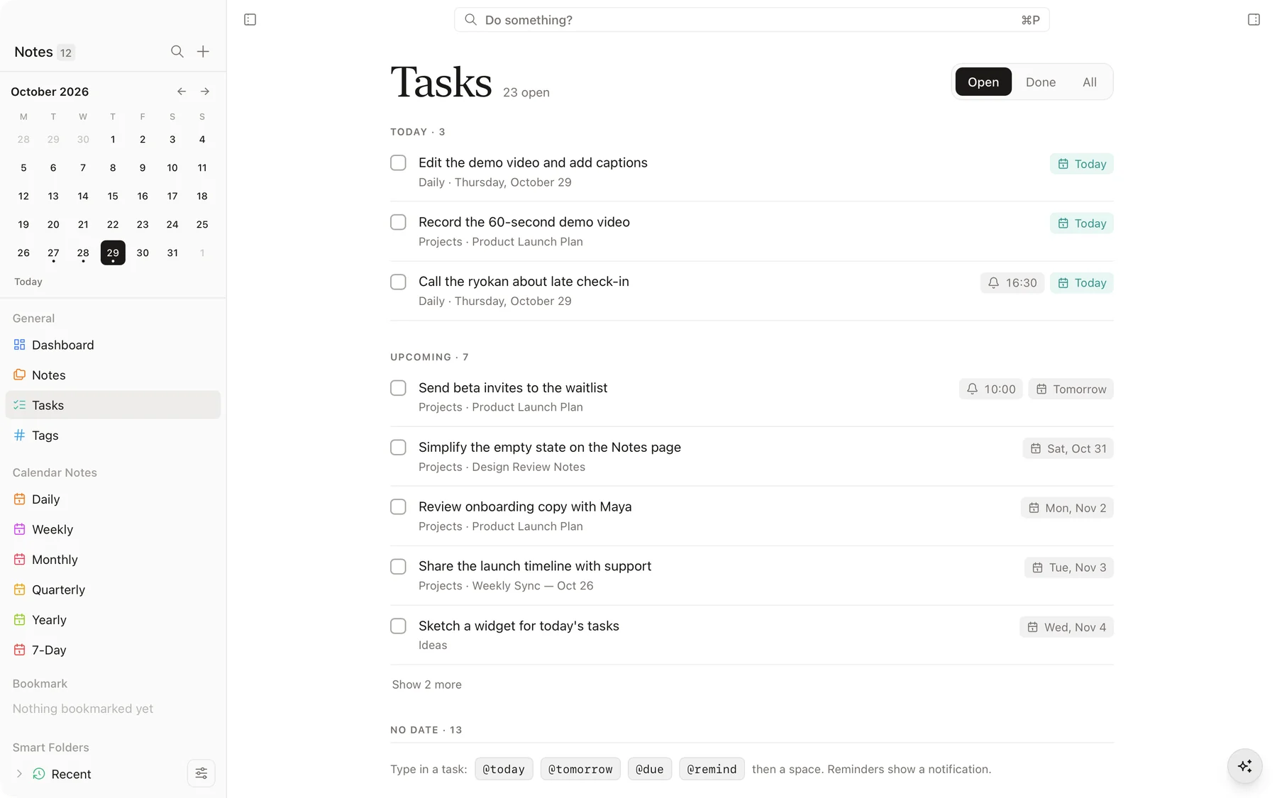 The Tasks page listing today's and upcoming tasks from across all notes